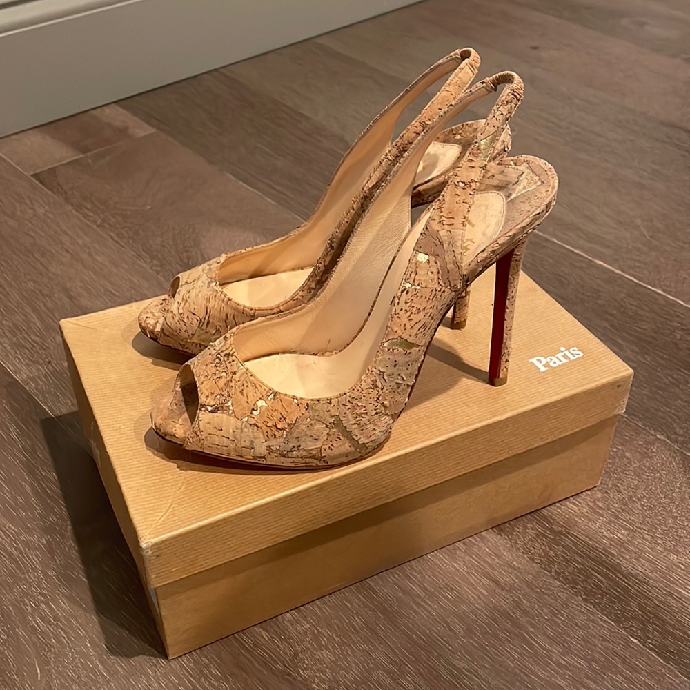 Christian Louboutin Cork Sling Back Peep-Toe Heels